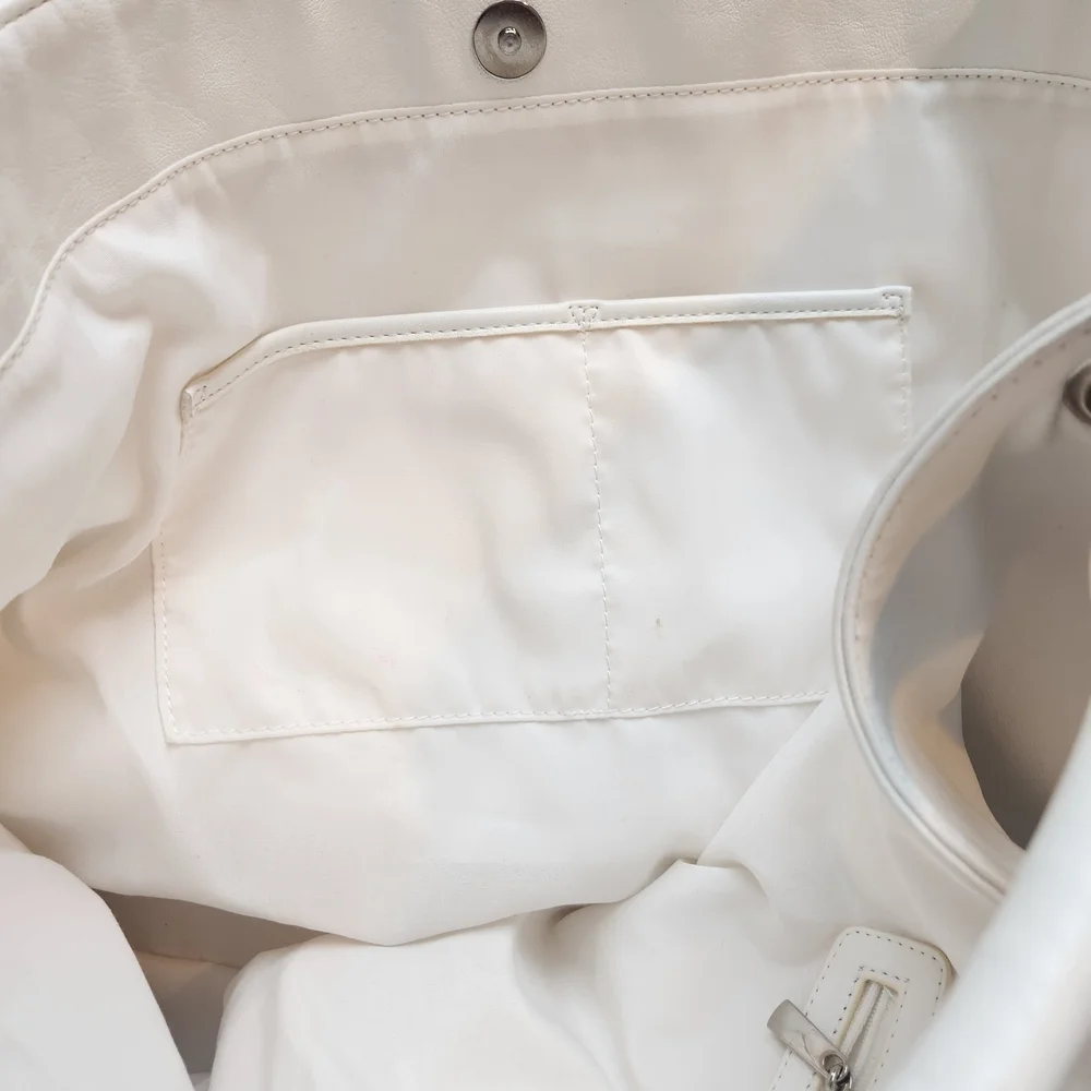Express White Handbag with Silver Zipper Details, Snap Closure